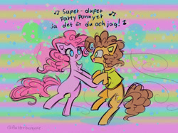 Size: 1938x1452 | Tagged: safe, artist:flutterberrypie, derpibooru import, cheese sandwich, pinkie pie, earth pony, pony, g4, abstract background, bipedal, cheesepie, chest fluff, dialogue, duo, female, holding hooves, male, mare, music notes, open mouth, open smile, rainbow background, shipping, smiling, stallion, straight, swedish