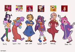 Size: 1554x1080 | Tagged: safe, artist:glitch (smg4), artist:wormy_gums, derpibooru import, screencap, applejack, fluttershy, pinkie pie, rainbow dash, rarity, twilight sparkle, hagwarders, human, original species, rabbit, g4, animal, animal costume, animate object, blush sticker, blushing, breasts, bunny costume, chess piece, cleavage, clothes, costume, crossover, dress, female, gangle, group, hat, humanized, humanoid, jax (tadc), jester, jester hat, jester outfit, kinger, leotard, living doll, living toy, mane six, mask, overalls, pomni, pony coloring, ragatha, ragdoll, ribbon, robes, sextet, signature, simple background, the amazing digital circus, toy, white background, zooble