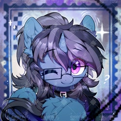 Size: 1500x1500 | Tagged: safe, artist:swaybat, derpibooru import, oc, oc only, oc:hbg, pony, unicorn, chest fluff, collar, fluffy, glasses, horn, one eye closed, solo, underhoof, unicorn oc, watermark, wink