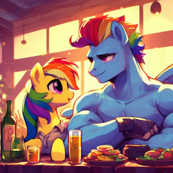 Size: 1024x1024 | Tagged: safe, ai content, derpibooru import, generator:bing image creator, rainbow dash, anthro, g4, button-up shirt, clothes, doppelganger, dress shirt, food, friendship is manly, gloves, prompter:*rainbow dash*, rule 63, shirt