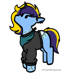 Size: 3000x3000 | Tagged: safe, artist:purple wingshade, derpibooru import, oc, oc only, oc:blue 97, cyborg, pony, robot, robot pony, unicorn, bandana, clothes, ear piercing, female, glowing, hoodie, mare, multicolored hair, piercing, simple background, solo, solo female, sweater, transparent background