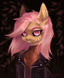 Size: 1464x1783 | Tagged: safe, artist:meggychocolatka, derpibooru import, oc, oc only, earth pony, pony, black sclera, clothes, female, jacket, leather, leather jacket, mare, solo