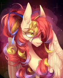 Size: 1607x2000 | Tagged: safe, artist:meggychocolatka, derpibooru import, oc, oc only, pegasus, pony, abstract background, bow, female, hair bow, mare, solo