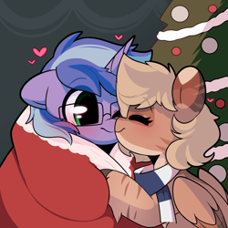 Size: 1744x1743 | Tagged: safe, artist:sakukitty, derpibooru import, oc, oc only, oc:amoo, oc:blue cola, pegasus, pony, unicorn, zebra, christmas, christmas tree, clothes, couple, cute, eyes closed, female, folded wings, glasses, heart, holiday, horn, male, mare, pegasus oc, pony oc, scarf, stallion, tree, unicorn oc, wings, zebra oc