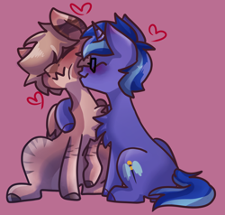 Size: 954x910 | Tagged: safe, artist:arsenic, derpibooru import, oc, oc only, oc:amoo, oc:blue cola, pegasus, pony, unicorn, zebra, couple, female, full body, glasses, heart, horn, hug, kissing, male, mare, pegasus oc, pony oc, simple background, stallion, unicorn oc, zebra oc