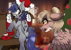 Size: 2641x1854 | Tagged: safe, artist:lustrebeam, derpibooru import, oc, oc only, oc:amoo, oc:zoni, bat, bat pony, pegasus, pony, zebra, angry, bat pony oc, blushing, butt, caught, christmas, christmas tree, coal, female, guilty, hat, holiday, male, mare, mouth hold, pegasus oc, plot, pony oc, santa hat, speech bubble, stallion, tree, zebra oc