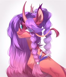 Size: 3438x4000 | Tagged: safe, artist:meggychocolatka, derpibooru import, oc, oc only, pony, unicorn, braid, chest fluff, curved horn, ear fluff, ears, eye clipping through hair, eyebrows, eyebrows visible through hair, feather, feather in hair, female, horn, mare, simple background, solo, white background