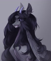 Size: 3108x3694 | Tagged: safe, artist:meggychocolatka, derpibooru import, oc, oc only, original species, pegasus, pony, commission, eye clipping through hair, eyebrows, eyebrows visible through hair, female, gray background, gritted teeth, horns, mare, simple background, solo, teeth