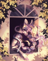 Size: 3123x4000 | Tagged: safe, artist:meggychocolatka, derpibooru import, oc, oc only, gorgon, original species, pony, snake, braid, female, mare, solo, window