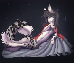 Size: 4000x3399 | Tagged: safe, artist:meggychocolatka, derpibooru import, oc, oc only, big cat, earth pony, hybrid, leopard, pony, snow leopard, abstract background, braid, ear fluff, ears, female, looking at you, lying down, mare, paws, prone, reclining, solo