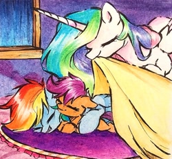 Size: 1649x1529 | Tagged: safe, artist:liaaqila, derpibooru import, princess celestia, rainbow dash, scootaloo, alicorn, pegasus, pony, g4, best pony, blanket, cute, cutealoo, cutelestia, dashabetes, eyes closed, female, filly, foal, heartwarming, horn, mare, momlestia, mouth hold, pillow, scootalove, sleeping