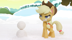 Size: 1920x1080 | Tagged: safe, derpibooru import, screencap, applejack, earth pony, pony, g4.5, my little pony: stop motion short, snowball fight (short), angry, cute, snow, solo