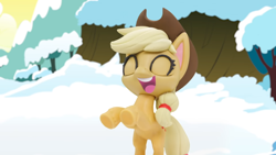 Size: 1920x1080 | Tagged: safe, derpibooru import, screencap, applejack, earth pony, pony, g4.5, my little pony: stop motion short, snowball fight (short), bipedal, cute, laughing, rearing, snow, solo