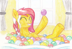 Size: 1024x703 | Tagged: safe, artist:malte279, derpibooru import, oc, oc only, oc:colonia, earth pony, ball pit, cute, earth pony oc, mascot, solo, traditional art, watercolor painting