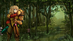 Size: 2920x1642 | Tagged: safe, artist:pridark, derpibooru import, human, 2019, crossover, element of honesty, element of kindness, element of loyalty, element of magic, fanfic art, forest, metroid, nature, rain, samus aran, solo, tree