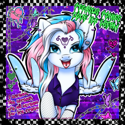 Size: 2039x2039 | Tagged: safe, artist:sweetpea-and-friends, derpibooru import, star catcher, pegasus, g3, clothes, devil horn (gesture), ear piercing, emo, feather fingers, female, fishnets, jacket, leather, leather jacket, leather vest, mare, marespace, myspace, piercing, pride, pride flag, punk, scene, scene kid, tongue, tongue out, tongue piercing, transgender, transgender pride flag, vest, wing hands, wings