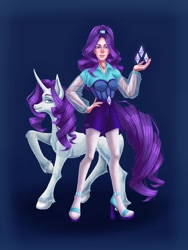 Size: 2304x3072 | Tagged: safe, artist:chococoffe, derpibooru import, rarity, human, pony, unicorn, g4, alternate hairstyle, belt, blue background, clothes, cute, duo, female, high heels, human ponidox, humanized, mare, raised hoof, raised leg, raribetes, self paradox, self ponidox, shirt, shoes, shorts, simple background, stockings, thigh highs, unshorn fetlocks