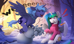 Size: 2460x1475 | Tagged: safe, artist:yakovlev-vad, derpibooru import, princess celestia, princess luna, alicorn, pony, g4, carrot, chest fluff, clothes, cross-popping veins, cute, duo, duo female, ear fluff, ears, emanata, exclamation point, eye clipping through hair, eyebrows, eyebrows visible through hair, eyes closed, female, food, gritted teeth, horn, mare, open mouth, open smile, outdoors, royal sisters, scarf, shrunken pupils, siblings, sisters, sitting, smiling, snow, snowman, spread wings, stick, sweater, teeth, weapons-grade cute, wings, winter
