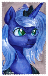 Size: 822x1291 | Tagged: safe, artist:tigra0118, derpibooru import, princess luna, alicorn, pony, g4, bust, looking at something, portrait, solo, traditional art, watercolor painting, young luna