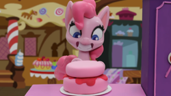 Size: 1920x1080 | Tagged: safe, derpibooru import, screencap, pinkie pie, earth pony, pony, cake off, g4.5, my little pony: stop motion short, cake, cute, food, smiling, solo, sugarcube corner