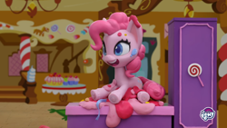 Size: 1920x1080 | Tagged: safe, derpibooru import, screencap, pinkie pie, earth pony, pony, cake off, g4.5, my little pony: stop motion short, cake, cute, food, smiling, solo, sugarcube corner