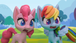 Size: 1920x1080 | Tagged: safe, derpibooru import, screencap, pinkie pie, rainbow dash, earth pony, pegasus, pony, g4.5, my little pony: stop motion short, pillow fight (short), cute, shocked