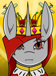 Size: 1248x1680 | Tagged: safe, artist:carolus rex, derpibooru import, oc, oc only, oc:queen argynnis, changeling, changeling queen, equestria at war mod, bust, changeling queen oc, clothes, crown, crystal, equestria rises still (equestria at war submod), fangs, female, fur coat, jewelry, military uniform, plane, portrait, red changeling, red mane, regalia, solo, uniform