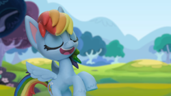 Size: 1920x1080 | Tagged: safe, derpibooru import, screencap, rainbow dash, pegasus, pony, g4.5, my little pony: stop motion short, pillow fight (short), cute, laughing, rearing, solo