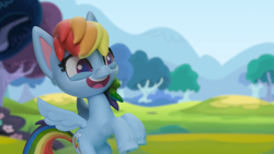 Size: 1920x1080 | Tagged: safe, derpibooru import, screencap, rainbow dash, pegasus, pony, g4.5, my little pony: stop motion short, pillow fight (short), cute, laughing, rearing, solo