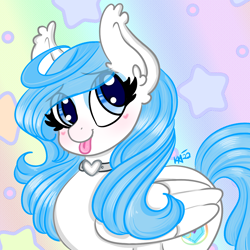 Size: 1100x1100 | Tagged: safe, artist:violette, derpibooru import, oc, oc:musicora melody, pegasus, blue eyes, blue mane, blushing, cute, ear fluff, ears, eye clipping through hair, heart collar, looking up, solo, tongue, tongue out, white coat