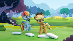 Size: 1920x1080 | Tagged: safe, derpibooru import, screencap, applejack, rainbow dash, earth pony, pegasus, pony, g4.5, my little pony: stop motion short, pillow fight (short), confused, cute, duo, pillow