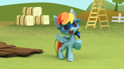 Size: 1920x1080 | Tagged: safe, derpibooru import, screencap, rainbow dash, pegasus, pony, g4.5, my little pony: stop motion short, cute, diy with my little pony - carving contest, fence, hay bale, ladder, smiling, solo