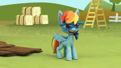 Size: 1920x1080 | Tagged: safe, derpibooru import, screencap, rainbow dash, pegasus, pony, g4.5, my little pony: stop motion short, cute, diy with my little pony - carving contest, fence, hay bale, ladder, smiling, solo