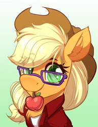 Size: 2458x3182 | Tagged: safe, artist:witchtaunter, derpibooru import, applejack, earth pony, pony, g4, apple, bust, chest fluff, clothes, commission, cute, ear fluff, ears, eye clipping through hair, eyebrows, eyebrows visible through hair, female, food, glasses, jackabetes, looking at you, mare, mouth hold, shirt, smiling, solo