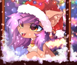 Size: 3594x3014 | Tagged: safe, alternate version, artist:airiniblock, derpibooru import, oc, oc only, oc:vesper, earth pony, pony, alternate character, big ears, chest fluff, christmas, christmas lights, collar, cute, ear fluff, ears, earth pony oc, eye clipping through hair, eyebrows, eyebrows visible through hair, female, hat, high res, holiday, mare, open mouth, open smile, santa hat, smiling, snow, snowfall, solo, teeth, window, winter