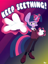 Size: 3000x4000 | Tagged: safe, artist:kenn, derpibooru import, twilight sparkle, anthro, unicorn, g4, boots, clothes, cute, keep seething!, magic, necktie, shoes, solo, text, vest