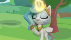 Size: 1920x1080 | Tagged: safe, derpibooru import, screencap, princess celestia, alicorn, pony, g4.5, my little pony: stop motion short, the great race (short), cute, raised hoof, raised leg, smiling, solo