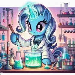 Size: 270x270 | Tagged: safe, ai content, derpibooru import, machine learning generated, trixie, unicorn, g4, chemistry, prompter:vanilla5751, solo focus