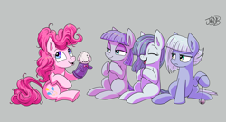 Size: 3425x1848 | Tagged: safe, artist:jowyb, derpibooru import, limestone pie, marble pie, maud pie, pinkie pie, earth pony, pony, g4, cute, diapinkes, eyes closed, female, filly, foal, happy, lidded eyes, marblebetes, maudabetes, open mouth, open smile, pie sisters, puppet, siblings, sisters, smiling, unamused, when she smiles, yo-yo
