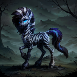 Size: 2048x2048 | Tagged: safe, ai content, derpibooru import, generator:easyfluff v11.2, generator:stable diffusion, machine learning generated, oc, oc:xenith, zebra, fallout equestria, female, mare, night, prompter:leesys