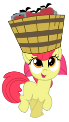 Size: 640x1120 | Tagged: safe, artist:ferret16, derpibooru import, apple bloom, earth pony, pony, g4, adorabloom, apple, bucket, cute, female, filly, foal, food, open mouth, raised hoof, raised leg, simple background, smiling, solo, transparent background