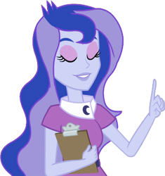 Size: 2370x2520 | Tagged: safe, derpibooru import, edit, edited screencap, editor:homersimpson1983, screencap, princess luna, vice principal luna, human, equestria girls, g4, background removed, clipboard, eyes closed, eyeshadow, makeup, not a vector, simple background, solo, transparent background