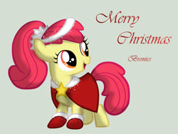 Size: 3072x2304 | Tagged: safe, artist:miesmauz, derpibooru import, apple bloom, earth pony, pony, g4, adorabloom, alternate hairstyle, christmas, clothes, cute, dress, female, filly, foal, headband, holiday, ponytail, solo, stars