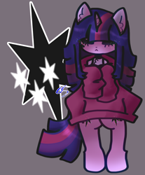 Size: 1200x1450 | Tagged: safe, artist:cutiesparke, derpibooru import, twilight sparkle, unicorn twilight, semi-anthro, unicorn, g4, :<, alternate hairstyle, bipedal, chest fluff, clothes, cutie mark, cutie mark background, ear fluff, ears, eyes closed, hoodie, lightly watermarked, oversized clothes, simple background, solo, watermark