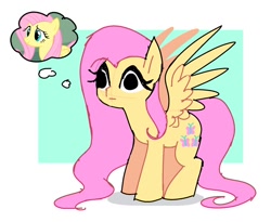 Size: 1200x983 | Tagged: safe, artist:syrupyyy, derpibooru import, fluttershy, pegasus, pony, g4, confused, cute, disassociating, female, mare, shyabetes, solo, thought bubble