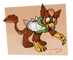 Size: 3000x2444 | Tagged: safe, artist:moemneop, derpibooru import, oc, oc only, oc:pavlos, griffon, bandage, behaving like a cat, laser pointer, solo