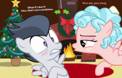 Size: 1386x886 | Tagged: safe, artist:lunaticdawn, derpibooru import, cozy glow, rumble, pegasus, pony, bedroom eyes, blushing, caption, chimney, christmas, christmas tree, colt, curls, curly hair, curly mane, cute, decoration, duo, duo male and female, female, filly, fire, fireplace, foal, freckles, hearth's warming eve, holiday, holly, holly mistaken for mistletoe, imminent kissing, leaning, leaning back, male, nervous, puckered lips, rug, rumbleglow, shipping, straight, text, tree