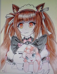 Size: 2944x3841 | Tagged: safe, artist:40kponyguy, derpibooru exclusive, derpibooru import, pinkie pie, earth pony, pony, g4, anime, catgirl, chocola (nekopara), clothes, colored pencil drawing, crossover, ear fluff, ears, head tilt, holding a pony, looking at you, maid, nekopara, pigtails, simple background, traditional art, twintails