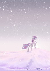 Size: 1280x1827 | Tagged: safe, artist:shaslan, derpibooru import, oc, oc only, earth pony, pony, earth pony oc, full body, hoofprints, looking at you, looking back, looking back at you, snow, snowfall, solo, tail, walking away, windswept mane, windswept tail