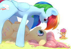 Size: 3080x2116 | Tagged: safe, artist:dulldi, derpibooru import, fluttershy, rainbow dash, scootaloo, pegasus, pony, g4, cute, female, filly, flutterdash, foal, lesbian, mare, pencil, shipping, shyabetes